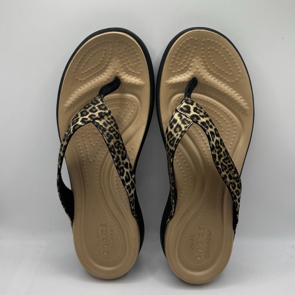 Crocs Capri Leopard Print Sandals Womens 8 Thong Summer Beach Preppy Business - Picture 6 of 7